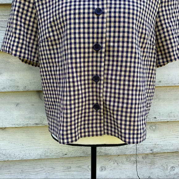 Vintage 80s Gingham Plaid Seersucker Button Up Short Sleeve Peter Pan Collar Top - Picture 10 of 16
